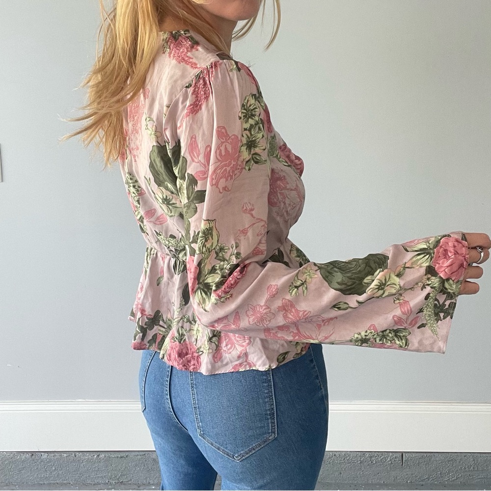 BCBGeneration Floral Print Pink Blouse Sheer w/ Tie